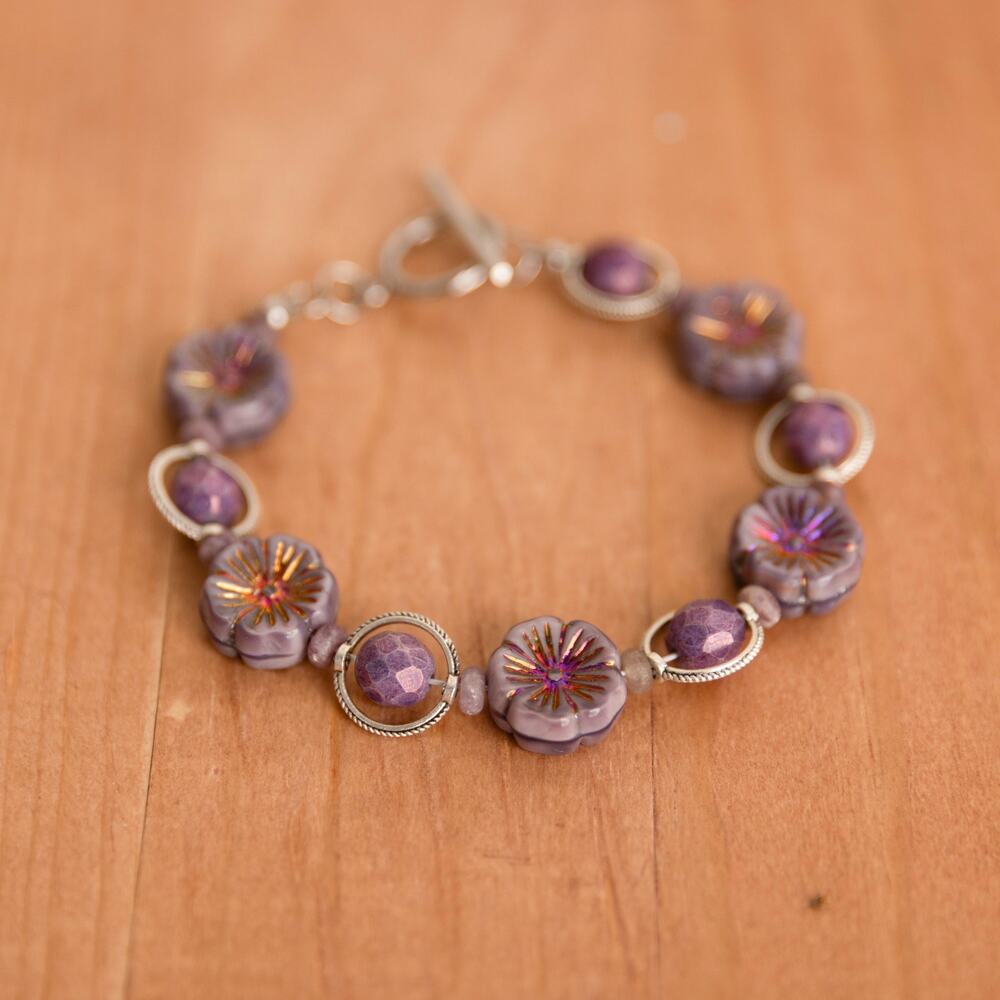 Floral Czech Glass and Antique silver tone bead frames, 7.25 in